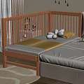 Wooden Toddler Bed with Yellow Blanket Stuffed Toys Next to Adult Bed and Nightstand Lamp