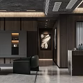 Modern Living Dining Room Interior With Marble Wall Black Cabinet Sofa And Decorative Painting