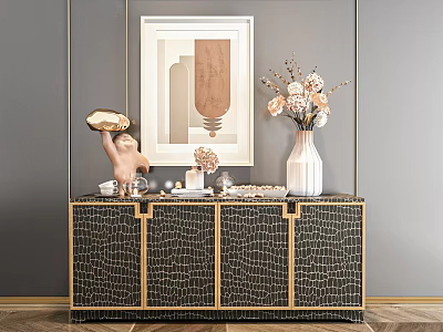 Luxury Black And Gold Textured Sideboard With Vase Flowers Decor Items And Wall Art 3d model