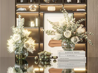 Elegant White Flowers In Glass Vase On Table With Decorative Books And Shelf Background 3d model