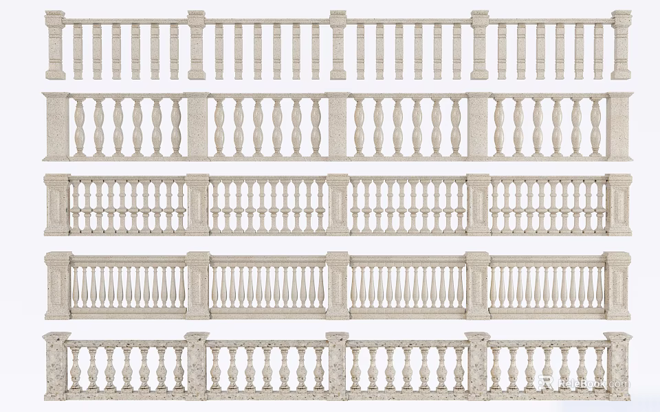 Various Decorative Fence Styles With Stone Posts And Intricate Baluster Patterns 3d model