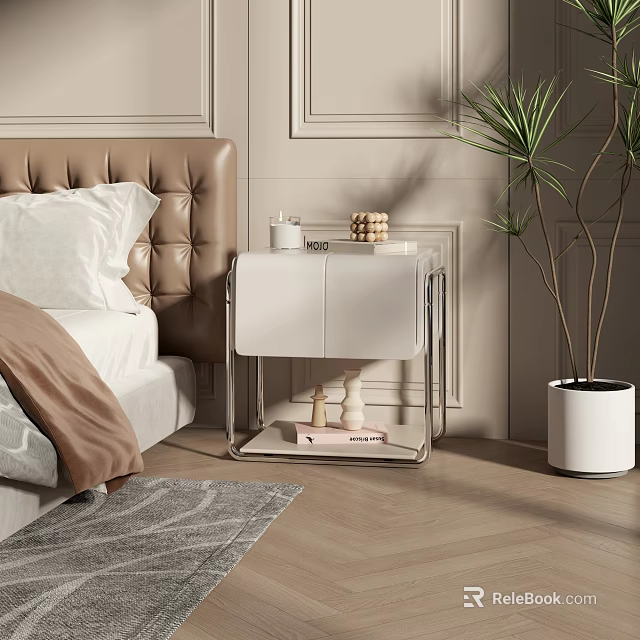 Modern White Bedside Table With Metal Frame Candles In Bedroom Green Plant And Rug 3d model 