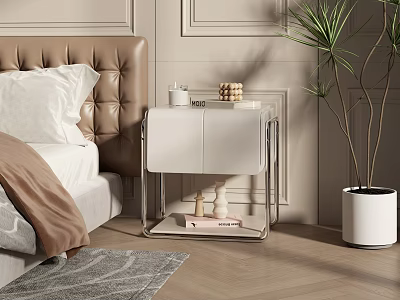 Modern White Bedside Table With Metal Frame Candles In Bedroom Green Plant And Rug 3d model