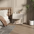 Modern White Bedside Table With Metal Frame Candles In Bedroom Green Plant And Rug