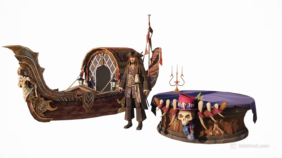 Decorative Wooden Pirate Ship With Skull Adorned Round Table And Candle Holder 3d model 
