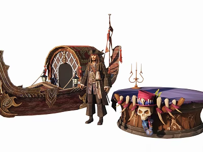 Decorative Wooden Pirate Ship With Skull Adorned Round Table And Candle Holder 3d model