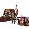 Decorative Wooden Pirate Ship With Skull Adorned Round Table And Candle Holder