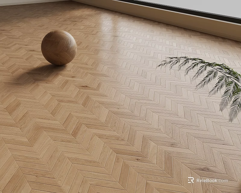Light Wood Herringbone Pattern Floor With Wooden Ball And Fern In Sunlit Room 3d model 