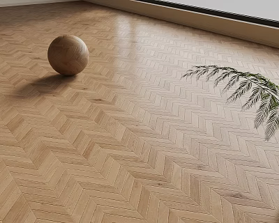 Light Wood Herringbone Pattern Floor With Wooden Ball And Fern In Sunlit Room 3d model