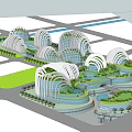 Modern Commercial Complex With Arched Shell Like Architecture Surrounded By Green Landscape And Water Features 3d model