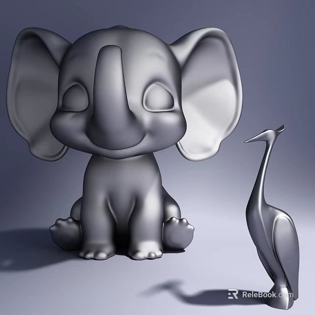 Metallic Decorative Ornament Set With Cute Elephant And Elegant Crane Figurines 3d model 