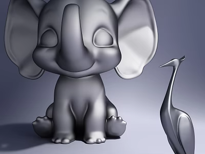 Metallic Decorative Ornament Set With Cute Elephant And Elegant Crane Figurines 3d model