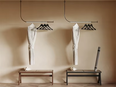 Wooden And Black Shoe Benches With Hanging Bathrobes On Beige Wall And Wooden Floor 3d model