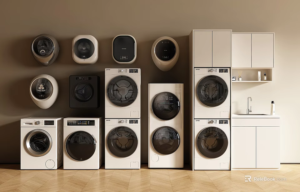 Various Styles Of Washing Machines With Cabinets Sink And Wooden Floor In Beige Room 3d model 