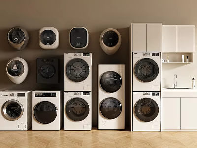 Various Styles Of Washing Machines With Cabinets Sink And Wooden Floor In Beige Room 3d model