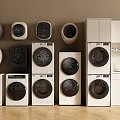Various Styles Of Washing Machines With Cabinets Sink And Wooden Floor In Beige Room