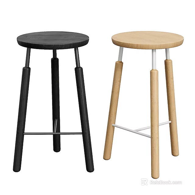 Modern Bar Stools In Black And Light Wood With Round Seats And Cross Supports 3d model 