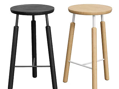 Modern Bar Stools In Black And Light Wood With Round Seats And Cross Supports 3d model