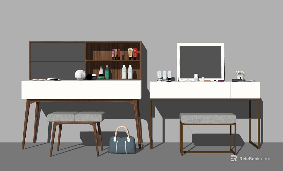 Modern Dressing Table With Mirror Stool And Cosmetic Items On Top 3d model