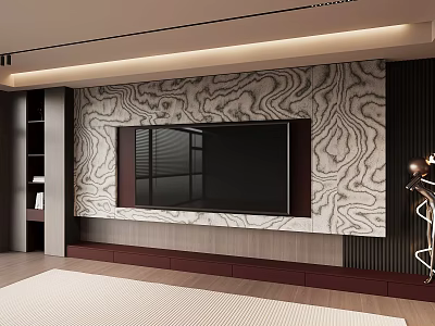 Modern TV Wall Design With Marble Pattern Panel Built-in TV And LED Strip Lighting 3d model