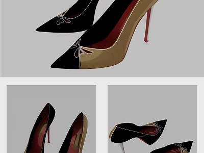 Pair Of Black And Beige Pointed Toe Stiletto Heels With Decorative Details 3d model