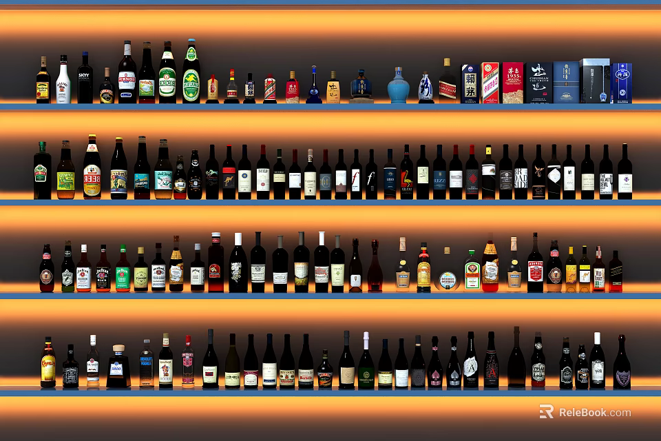 Different Kinds of Colorful Wine Bottles and Glasses Neatly Arranged on Multiple Layer Shelves 3d model 