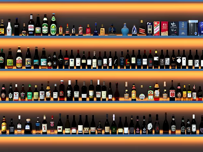 Different Kinds of Colorful Wine Bottles and Glasses Neatly Arranged on Multiple Layer Shelves 3d model