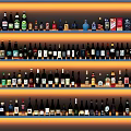 Different Kinds of Colorful Wine Bottles and Glasses Neatly Arranged on Multiple Layer Shelves