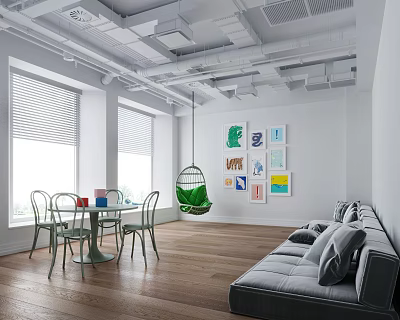Modern Industrial Living Interior with Wooden Floor Colorful Artworks Hanging Chair and Gray Sofa 3d model