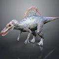 Realistic Spinosaurus Reptile Model With Colorful Sail And Scaly Body Standing On Gray Background