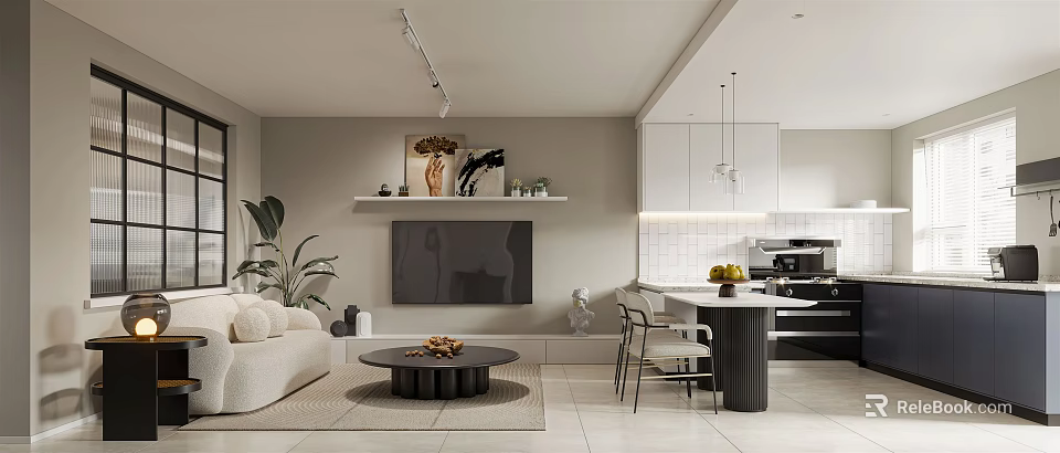 Modern Living Dining Room Interior With Sofa Coffee Table TV Decorative Shelf And Pendant Lights 3d model 