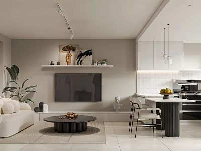 Modern Living Dining Room Interior With Sofa Coffee Table TV Decorative Shelf And Pendant Lights 3d model