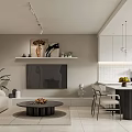 Modern Living Dining Room Interior With Sofa Coffee Table TV Decorative Shelf And Pendant Lights