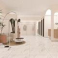 Modern Minimalist Clothing Store Interior With Mannequins Clothing Displays Plants And Arch Design