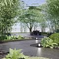 Rockery Stones In Serene Garden With Bamboo Trees Pathway Green Plants And Lanterns