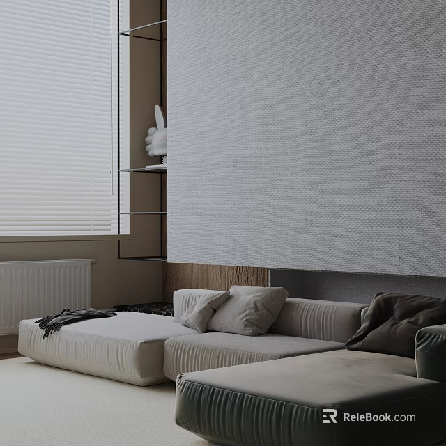 Three-Seater Sofa with Plush Pillows Gray Textured Wall Floating Shelf and Rabbit Decor 3d model 