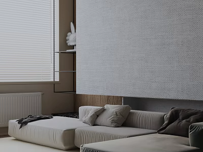 Three-Seater Sofa with Plush Pillows Gray Textured Wall Floating Shelf and Rabbit Decor 3d model