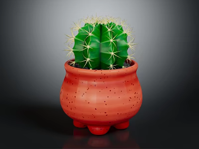 Green Cactus Plant With Yellow Spines In Red Spotted Three Legged Pot 3d model