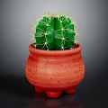 Green Cactus Plant With Yellow Spines In Red Spotted Three Legged Pot
