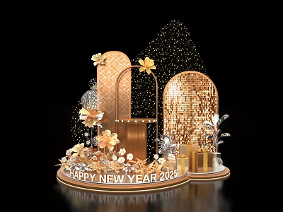 Elegant Floral Decor for New Year 2022 With Golden Arches Sparkling Sequins and Gift Boxes 3d model
