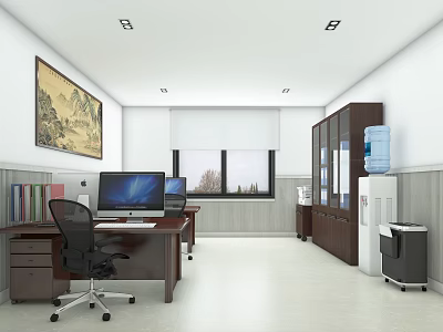 Modern Office Interior With Wooden Desk Computers Ergonomic Chair Landscape Painting Windows And Water Dispenser 3d model