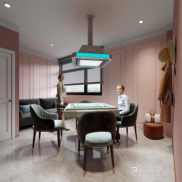 Elegant Hotel Mahjong Room Interior With Pink Walls Sofa And Comfortable Chairs 3d model 