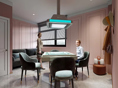 Elegant Hotel Mahjong Room Interior With Pink Walls Sofa And Comfortable Chairs 3d model
