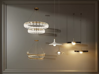 Modern Circular Pendant Lights With Crystal Rings And Metal Frames Displayed On Wall 3d model