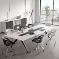 Modern White Conference Table With Black Legs Office Chairs Laptop Green Plant And City View