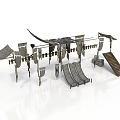 Ancient Medieval Wooden Decorative Structures Featuring Flags Fencing Stairs And Frames 3d model