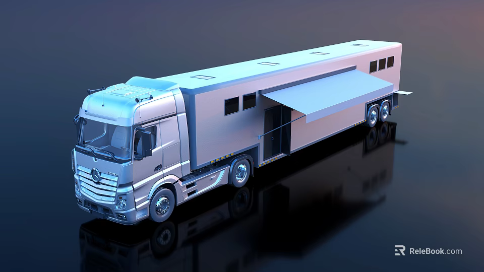 Silver Mobile Utility Truck With Extended Awning And Multiple Windows For Mobile Workspace 3d model