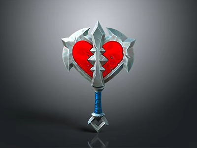 Cracked Red Heart Shaped War Hammer With Silver Accents And Blue Handle 3d model