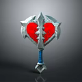 Cracked Red Heart Shaped War Hammer With Silver Accents And Blue Handle