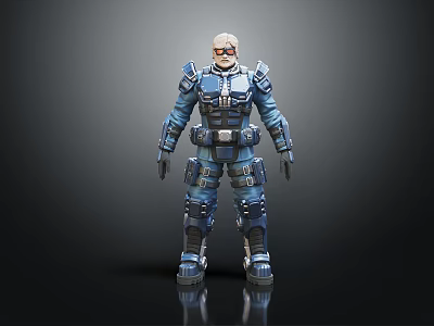 White Haired Human Character In Blue Mechanical Armor Standing Sci Fi Soldier Pose 3d model